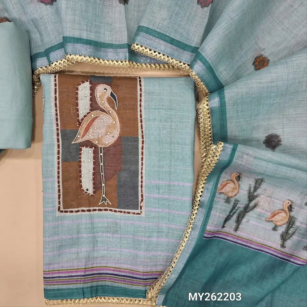 Light greyish blue premium semi linen unstitched salwar material(lining needed)fancy buttons yoke,digital printed, silver zari work on daman,spun cotton bottom, digital printed premium semi linen full length dupatta with lace taping. MY262203