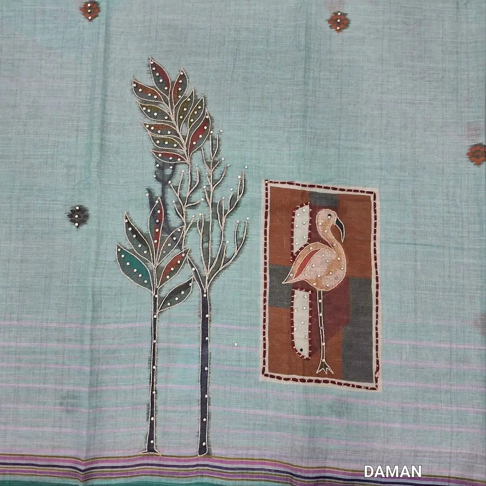 Light greyish blue premium semi linen unstitched salwar material(lining needed)fancy buttons yoke,digital printed, silver zari work on daman,spun cotton bottom, digital printed premium semi linen full length dupatta with lace taping. MY262203