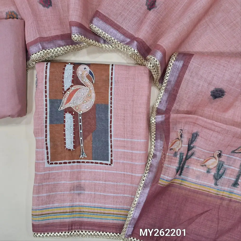 Pastel pink premium semi linen unstitched salwar material(lining needed)fancy buttons yoke,digital printed, silver zari work on daman,spun cotton bottom, digital printed premium semi linen full length dupatta with lace taping. MY262201