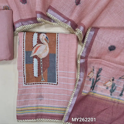 Pastel pink premium semi linen unstitched salwar material(lining needed)fancy buttons yoke,digital printed, silver zari work on daman,spun cotton bottom, digital printed premium semi linen full length dupatta with lace taping. MY262201