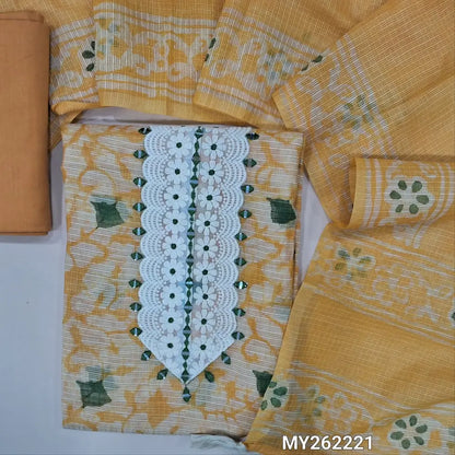 Fenugreek yellow premium kota unstitched salwar material,embroidery,lace detailing and real mirror work on yoke,printed all over,(lining needed)matching cotton bottom,batik design on kota dupatta. MY262221