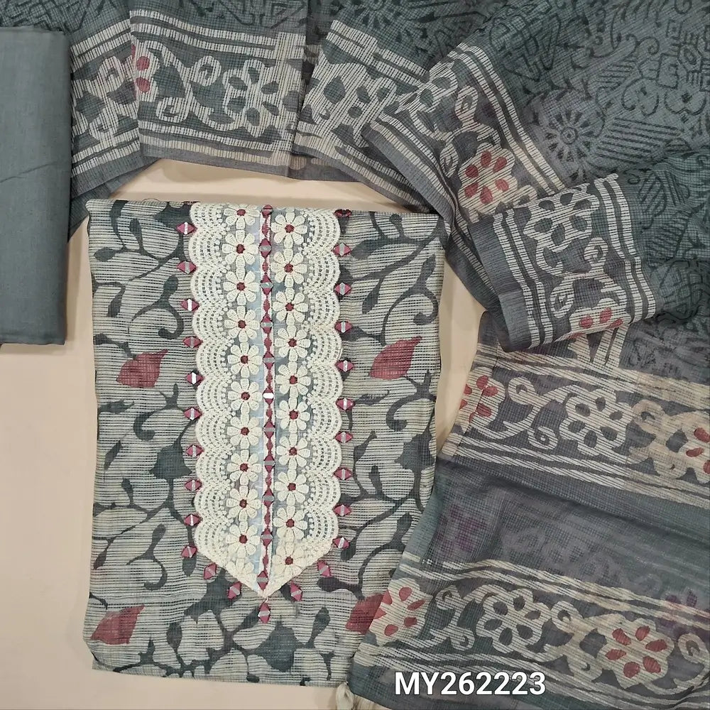 Grey premium kota unstitched salwar material,embroidery,lace detailing and real mirror work on yoke,printed all over,(lining needed)matching cotton bottom,batik design on kota dupatta. MY262223
