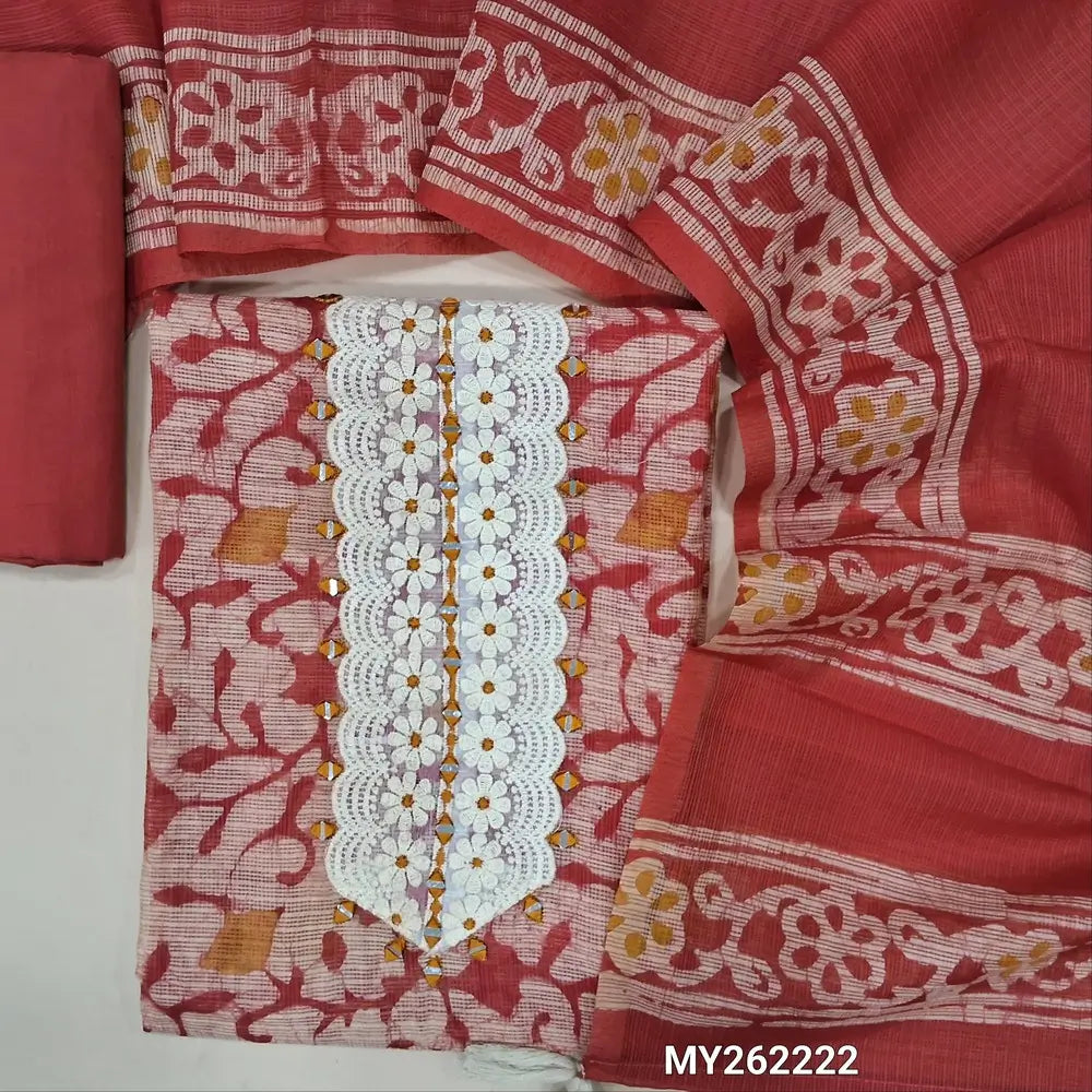 Dark peachish pink premium kota unstitched salwar material,embroidery,lace detailing and real mirror work on yoke,printed all over,(lining needed)matching cotton bottom,batik design on kota dupatta. MY262222