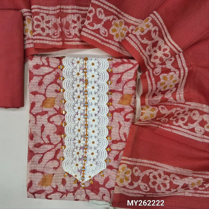 Dark peachish pink premium kota unstitched salwar material,embroidery,lace detailing and real mirror work on yoke,printed all over,(lining needed)matching cotton bottom,batik design on kota dupatta. MY262222