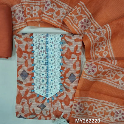 Rust orange premium kota unstitched salwar material,embroidery,lace detailing and real mirror work on yoke,printed all over,(lining needed)matching cotton bottom,batik design on kota dupatta. MY262220