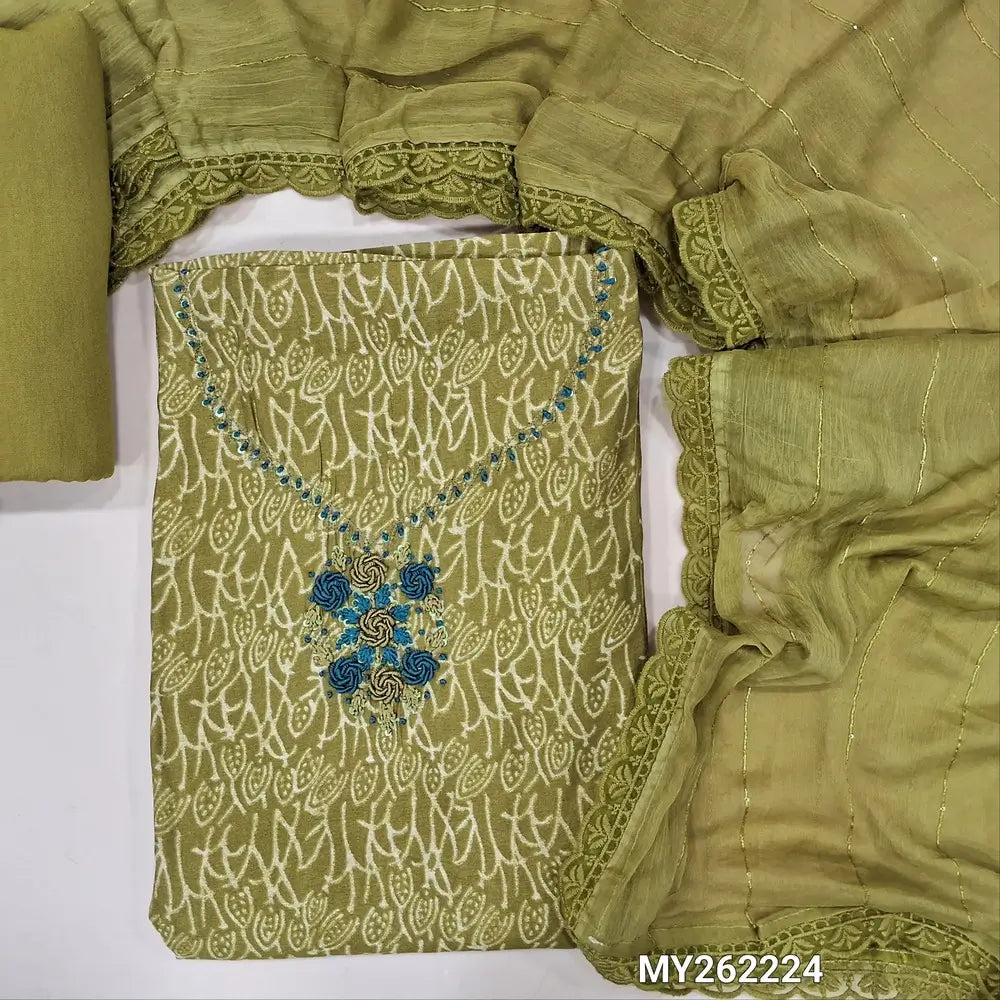 Mehandhi green printed silk cotton unstitched salwar material, embroidery and sequins work on yoke (lining needed)spun cotton bottom, sequins work on fancy chiffon dupatta with lace tapping. MY262224
