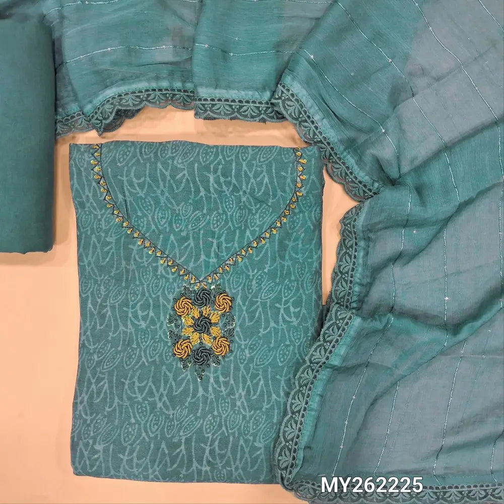 Light teal blue printed silk cotton unstitched salwar material, embroidery and sequins work on yoke (lining needed)spun cotton bottom, sequins work on fancy chiffon dupatta with lace tapping. MY262225