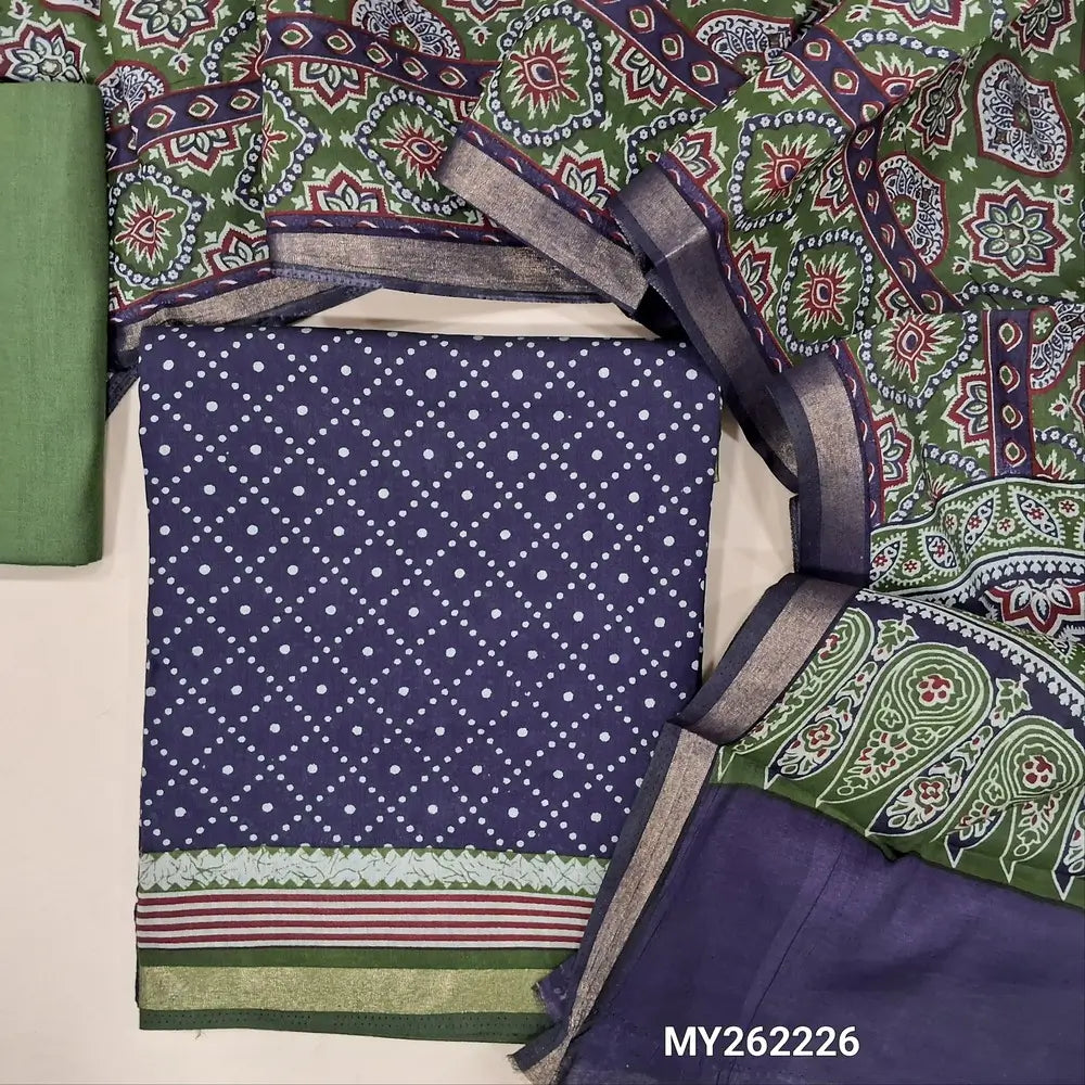 Dark blue soft silk cotton unstitched salwar material(lining needed)printed all over,contrast printed border, maroon cotton bottom,ajrak printed full length soft silk cotton with gold tissue borders TAPINGS NEEDED. MY262226