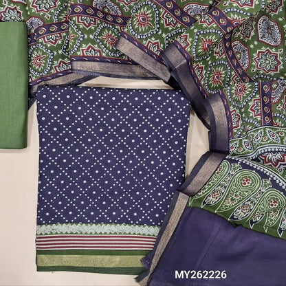 Dark blue soft silk cotton unstitched salwar material(lining needed)printed all over,contrast printed border, maroon cotton bottom,ajrak printed full length soft silk cotton with gold tissue borders TAPINGS NEEDED. MY262226