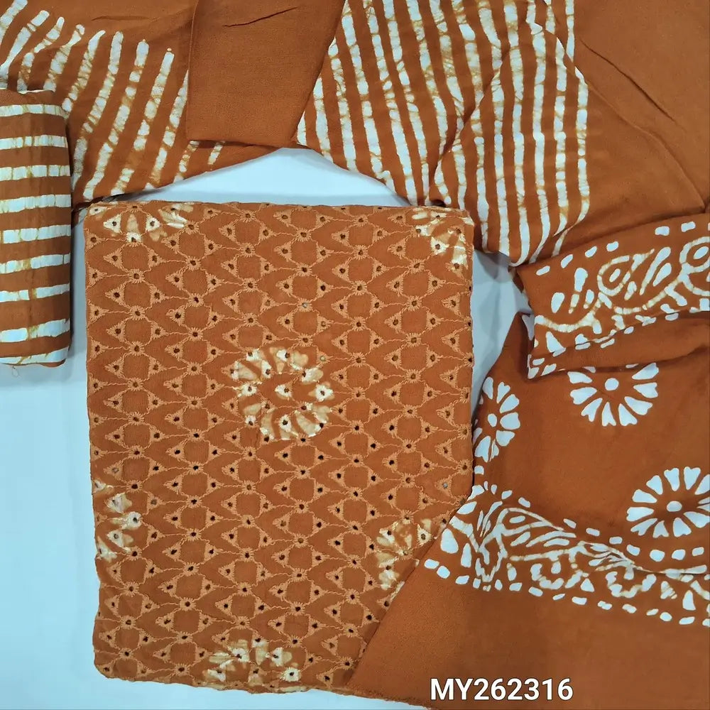 Designer rust orange batik Dyed pure crepe georgette unstitched salwar material (soft,Lining Needed) cut work & embroidery work on front,santoon bottom, pure crepe georgette batik dupatta.(TAPING NEEDED).MY262316