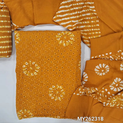 Designer mehandhi yellow batik Dyed pure crepe georgette unstitched salwar material (soft,Lining Needed) cut work & embroidery work on front,santoon bottom, pure crepe georgette batik dupatta.(TAPING NEEDED).MY262318