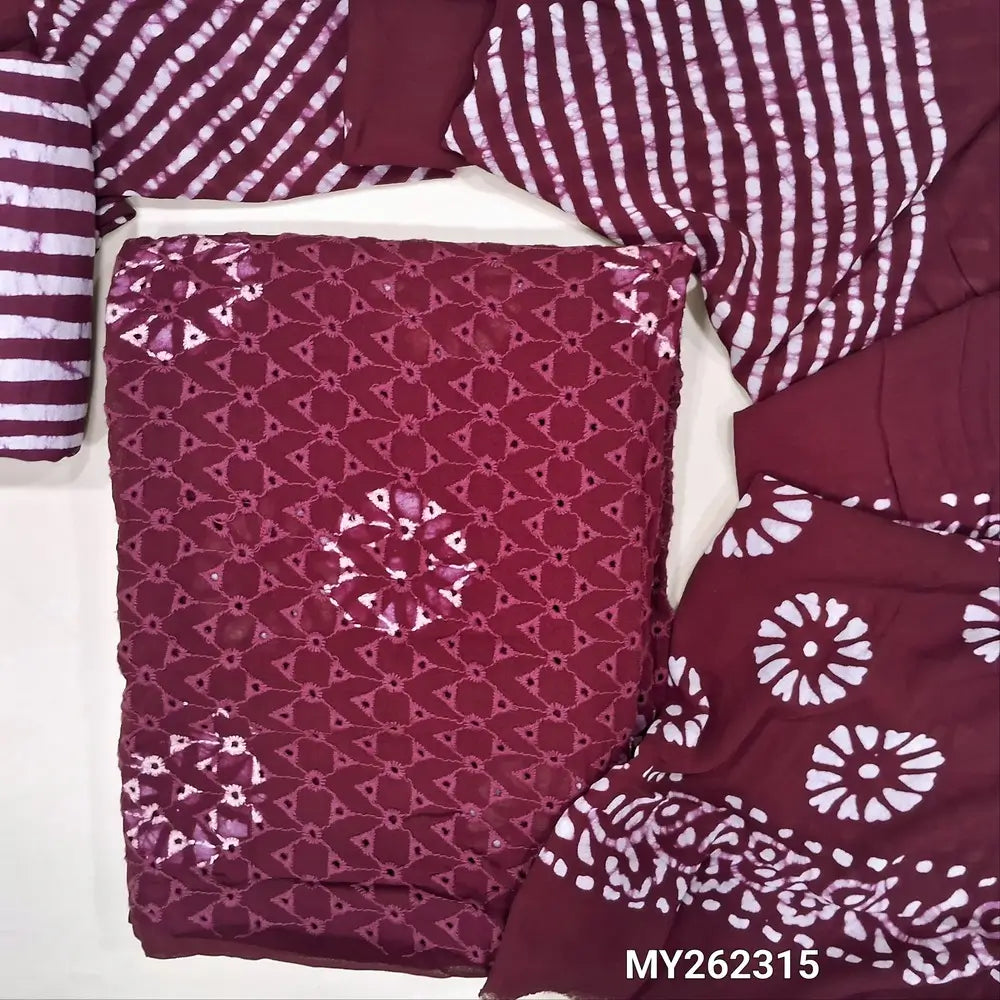 Designer Dark beetroot purple batik Dyed pure crepe georgette unstitched salwar material (soft,Lining Needed) cut work & embroidery work on front,santoon bottom, pure crepe georgette batik dupatta.(TAPING NEEDED).MY262315