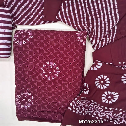 Designer Dark beetroot purple batik Dyed pure crepe georgette unstitched salwar material (soft,Lining Needed) cut work & embroidery work on front,santoon bottom, pure crepe georgette batik dupatta.(TAPING NEEDED).MY262315