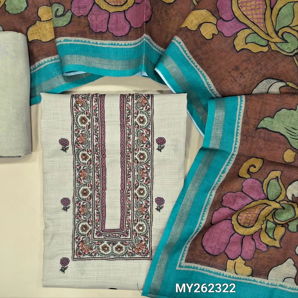 Light greyish beige floral printed accord linen unstitched salwar material,zari &thread work on yoke(soft, lining needed ) spun cotton bottom,floral printed and kalamkari accord linen dupatta with gold tissue borders. MY262322