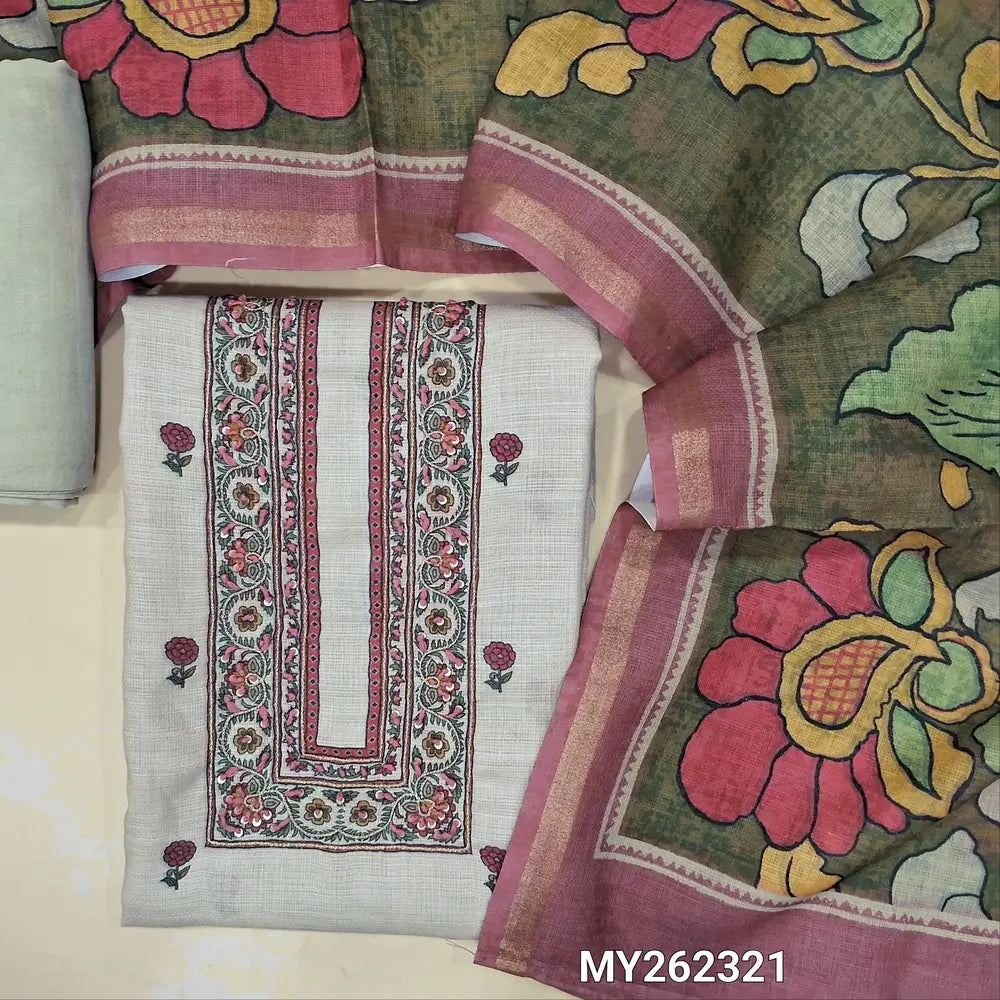 Light greyish beige floral printed accord linen unstitched salwar material,zari &thread work on yoke(soft, lining needed ) spun cotton bottom,floral printed and kalamkari accord linen dupatta with gold tissue borders. MY262321