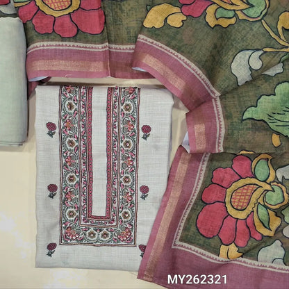 Light greyish beige floral printed accord linen unstitched salwar material,zari &thread work on yoke(soft, lining needed ) spun cotton bottom,floral printed and kalamkari accord linen dupatta with gold tissue borders. MY262321