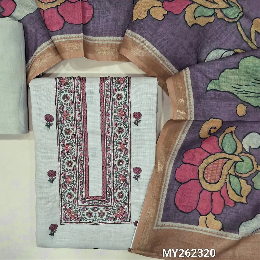 Light greyish beige floral printed accord linen unstitched salwar material,zari &thread work on yoke(soft, lining needed ) spun cotton bottom,floral printed and kalamkari accord linen dupatta with gold tissue borders. MY262320
