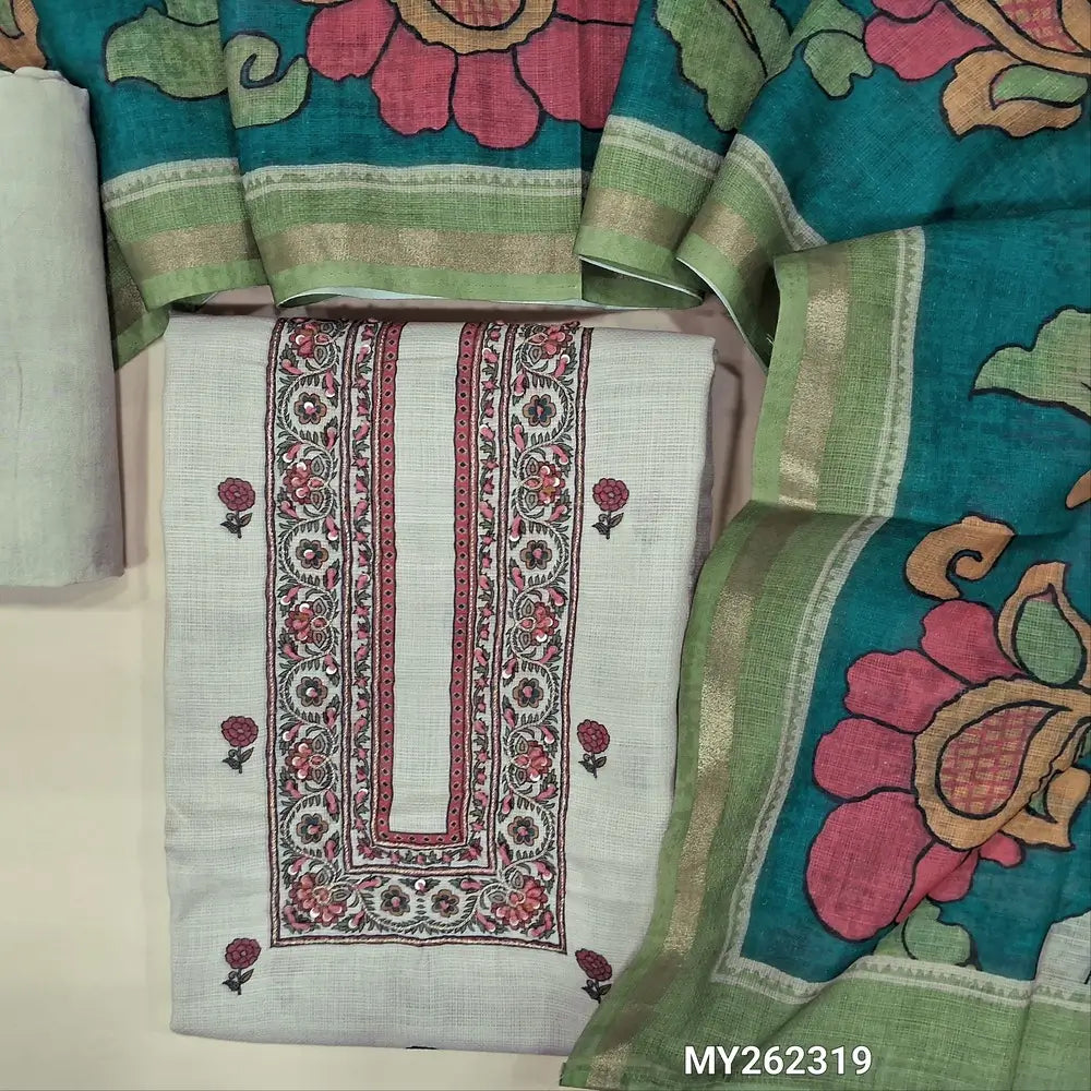 Light greyish beige floral printed accord linen unstitched salwar material,zari &thread work on yoke(soft, lining needed ) spun cotton bottom,floral printed and kalamkari accord linen dupatta with gold tissue borders. MY262319