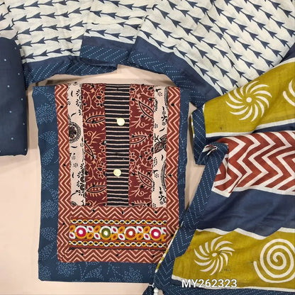 Dark blue ikat printed pure cotton unstitched salwar material, ajrak yoke patch with hand embroidery work(lining optional)printed cotton bottom,printed soft mul cotton dupatta. MY262323