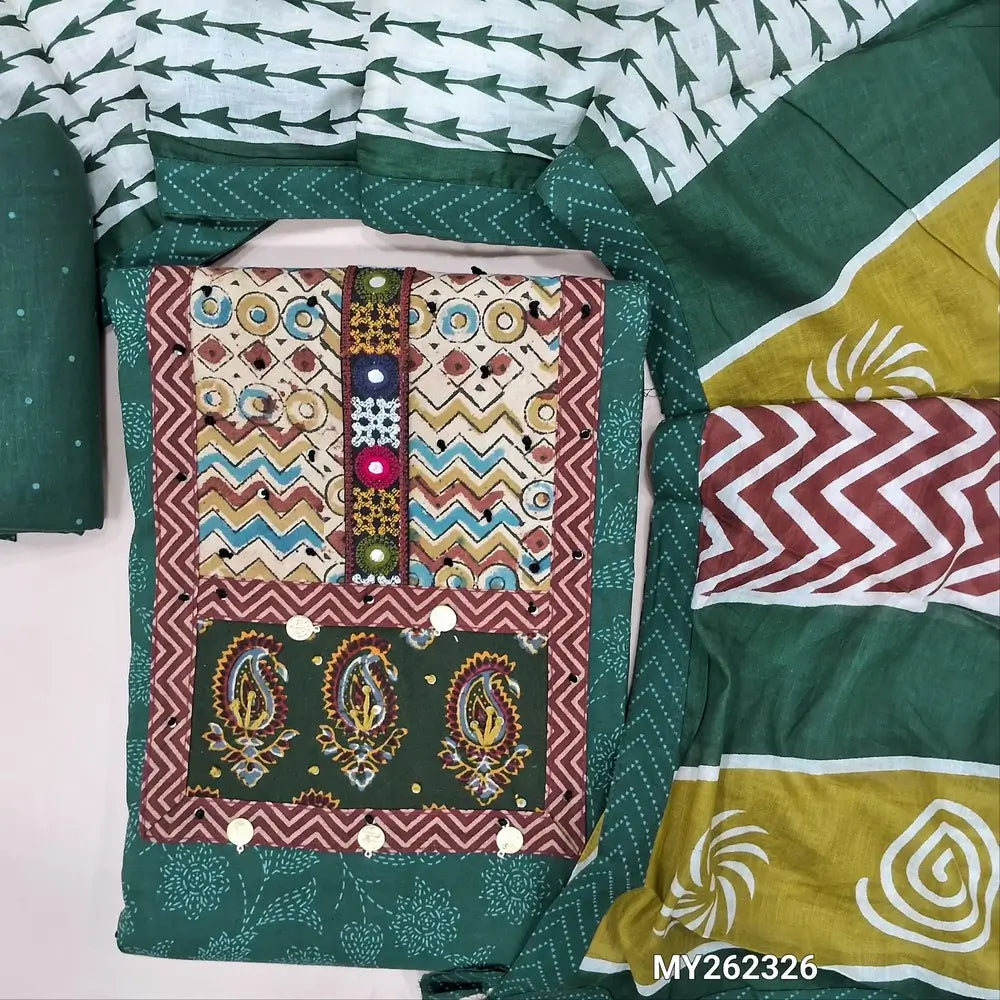 Dark green ikat printed pure cotton unstitched salwar material, ajrak yoke patch with hand embroidery work(lining optional)printed cotton bottom,printed soft mul cotton dupatta. MY262326
