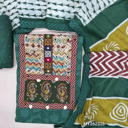 Dark green ikat printed pure cotton unstitched salwar material, ajrak yoke patch with hand embroidery work(lining optional)printed cotton bottom,printed soft mul cotton dupatta. MY262326