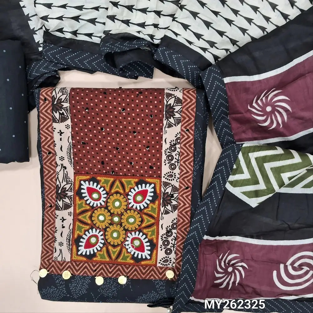 Black ikat printed pure cotton unstitched salwar material, ajrak yoke patch with hand embroidery work(lining optional)printed cotton bottom,printed soft mul cotton dupatta. MY262325