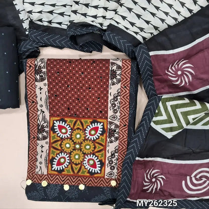 Black ikat printed pure cotton unstitched salwar material, ajrak yoke patch with hand embroidery work(lining optional)printed cotton bottom,printed soft mul cotton dupatta. MY262325