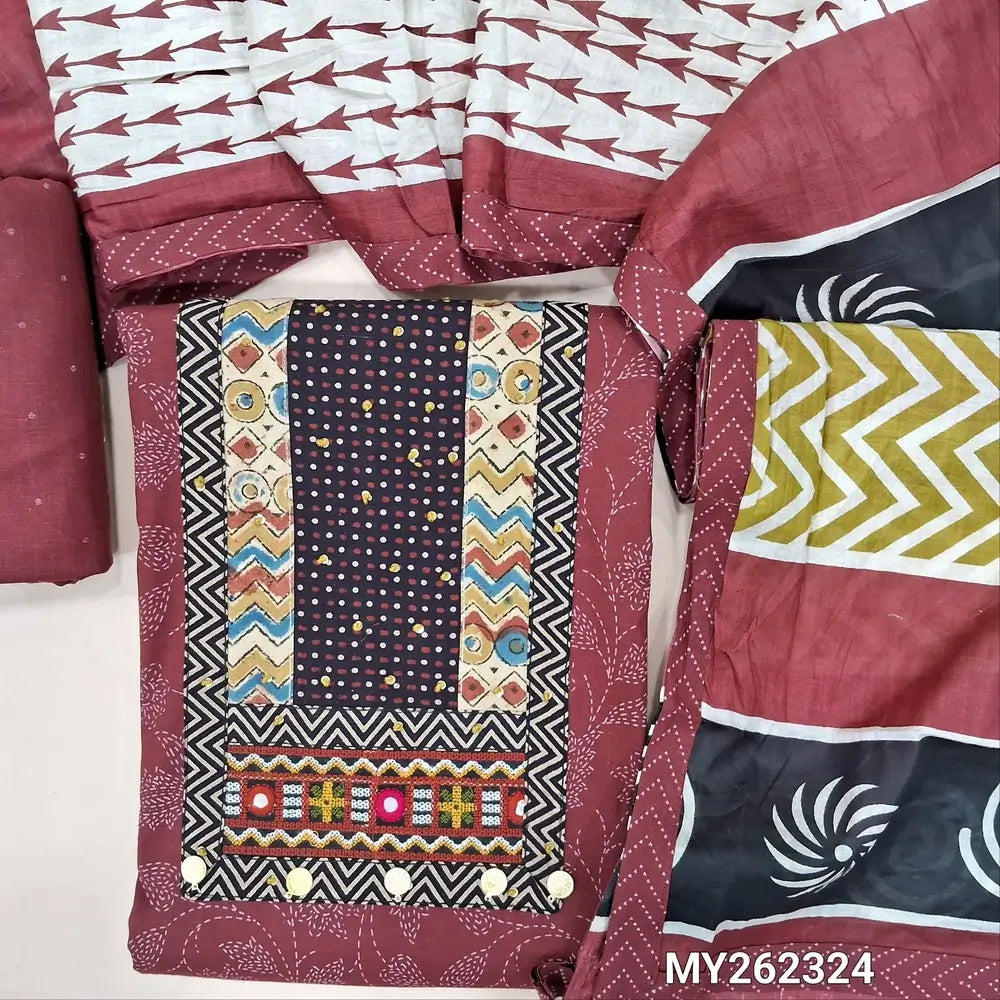 Dark maroon ikat printed pure cotton unstitched salwar material, ajrak yoke patch with hand embroidery work(lining optional)printed cotton bottom,printed soft mul cotton dupatta. MY262324