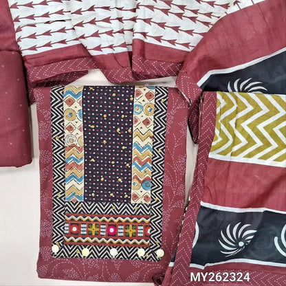 Dark maroon ikat printed pure cotton unstitched salwar material, ajrak yoke patch with hand embroidery work(lining optional)printed cotton bottom,printed soft mul cotton dupatta. MY262324