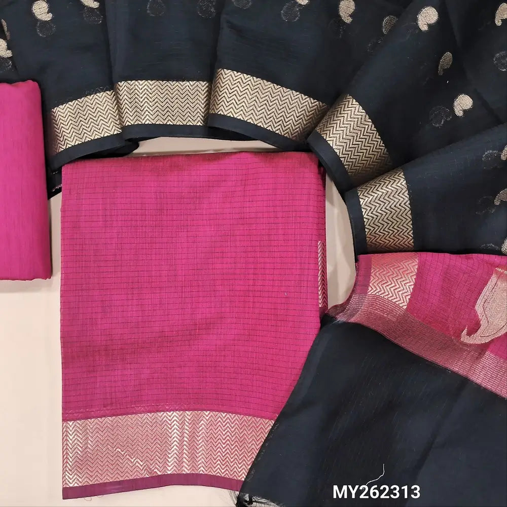 Rani pink maheshwari silk cotton unstitched salwar material( soft,lining needed) benarasi zari woven borders,matching silk cotton bottom, Maheshwari silk cotton zari buttas dupatta with pallu.MY262313