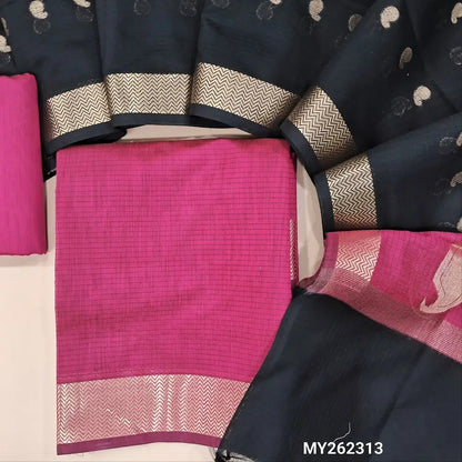 Rani pink maheshwari silk cotton unstitched salwar material( soft,lining needed) benarasi zari woven borders,matching silk cotton bottom, Maheshwari silk cotton zari buttas dupatta with pallu.MY262313
