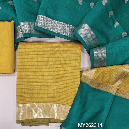 Mehandhi yellow maheshwari silk cotton unstitched salwar material( soft,lining needed) benarasi zari woven borders,matching silk cotton bottom, Maheshwari silk cotton zari buttas dupatta with pallu.MY262314