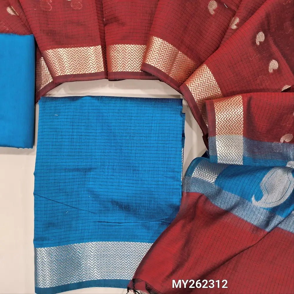 Turquoise blue maheshwari silk cotton unstitched salwar material( soft,lining needed) benarasi zari woven borders,matching silk cotton bottom, Maheshwari silk cotton zari buttas dupatta with pallu.MY262312