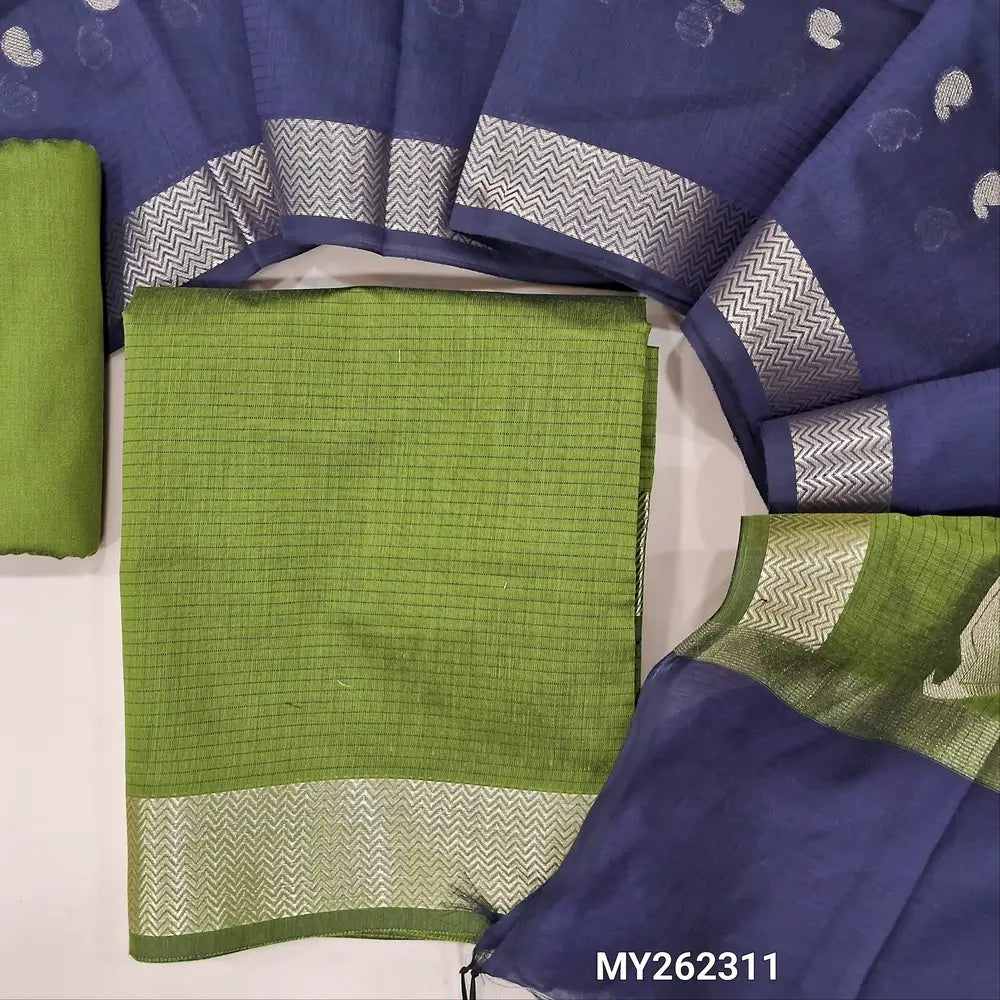 Leafy green maheshwari silk cotton unstitched salwar material( soft,lining needed) benarasi zari woven borders,matching silk cotton bottom, Maheshwari silk cotton zari buttas dupatta with pallu.MY262311