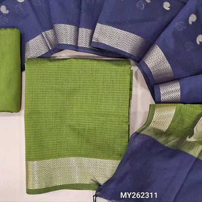 Leafy green maheshwari silk cotton unstitched salwar material( soft,lining needed) benarasi zari woven borders,matching silk cotton bottom, Maheshwari silk cotton zari buttas dupatta with pallu.MY262311