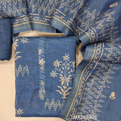 Dark blue golden tint digital printed premium tissue silk cotton unstitched salwar material (lining needed) zari detailing ,fancy buttons work on yoke, real mirror work on front & daman matching silky bottom,printed tissue silk cotton dupatta.MY262306