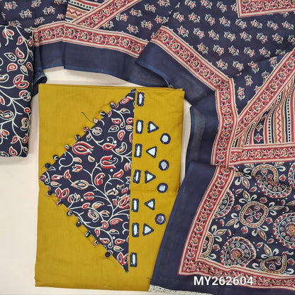 Mehandhi yellow premium pure dabu cotton unstitched salwar material,real mirror,ajrak design and potli buttons on yoke,(lining optional)dark blue printed cotton bottom,printed full length mul cotton dupatta. MY262604