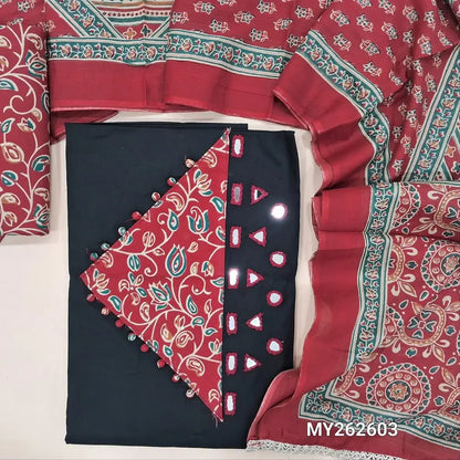Black premium pure dabu cotton unstitched salwar material,real mirror,ajrak design and potli buttons on yoke,(lining optional)reddish maroon printed cotton bottom,printed full length mul cotton dupatta. MY262603