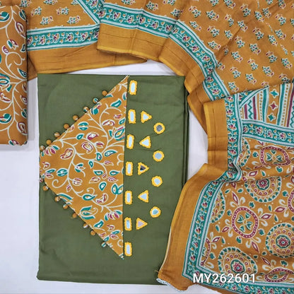 Olive green premium pure dabu cotton unstitched salwar material,real mirror,ajrak design and potli buttons on yoke,(lining optional)mehandhi yellow printed cotton bottom,printed full length mul cotton dupatta. MY262601