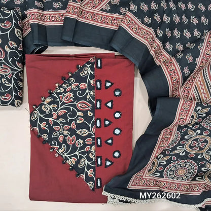 Dark maroon premium pure dabu cotton unstitched salwar material,real mirror,ajrak design and potli buttons on yoke,(lining optional)black printed cotton bottom,printed full length mul cotton dupatta. MY262602