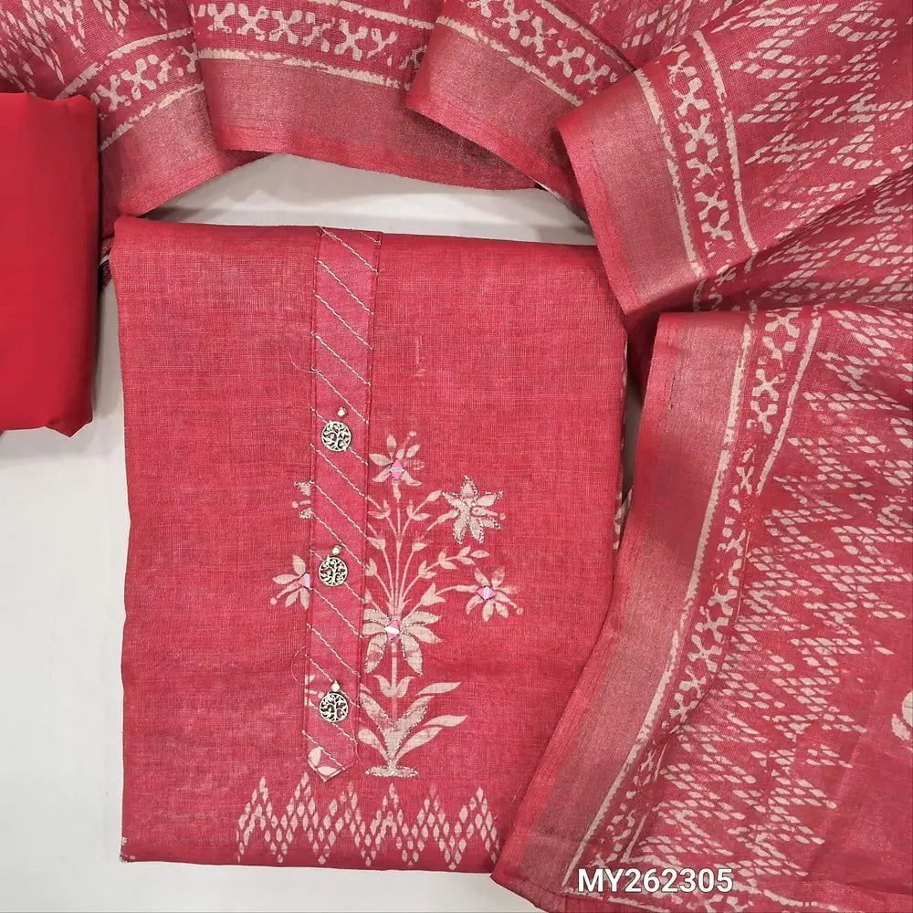 Red golden tint digital printed premium tissue silk cotton unstitched salwar material (lining needed) zari detailing ,fancy buttons work on yoke, real mirror work on front & daman matching silky bottom,printed tissue silk cotton dupatta.MY262305