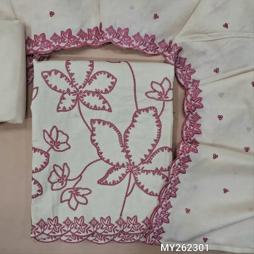 Off white with Pink premium cotton unstitched salwar material, floral embroidery work on front (lining needed)matching cotton bottom,embroidered and floral buttas cotton dupatta with scallop edges. MY262301
