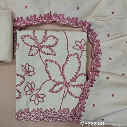 Off white with Pink premium cotton unstitched salwar material, floral embroidery work on front (lining needed)matching cotton bottom,embroidered and floral buttas cotton dupatta with scallop edges. MY262301