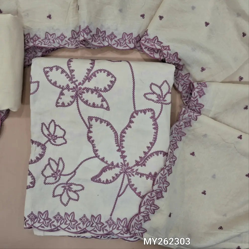 Off white with lavender premium cotton unstitched salwar material, floral embroidery work on front (lining needed)matching cotton bottom,embroidered and floral buttas cotton dupatta with scallop edges. MY262303