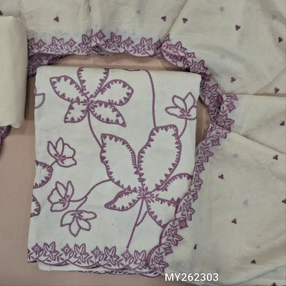 Off white with lavender premium cotton unstitched salwar material, floral embroidery work on front (lining needed)matching cotton bottom,embroidered and floral buttas cotton dupatta with scallop edges. MY262303