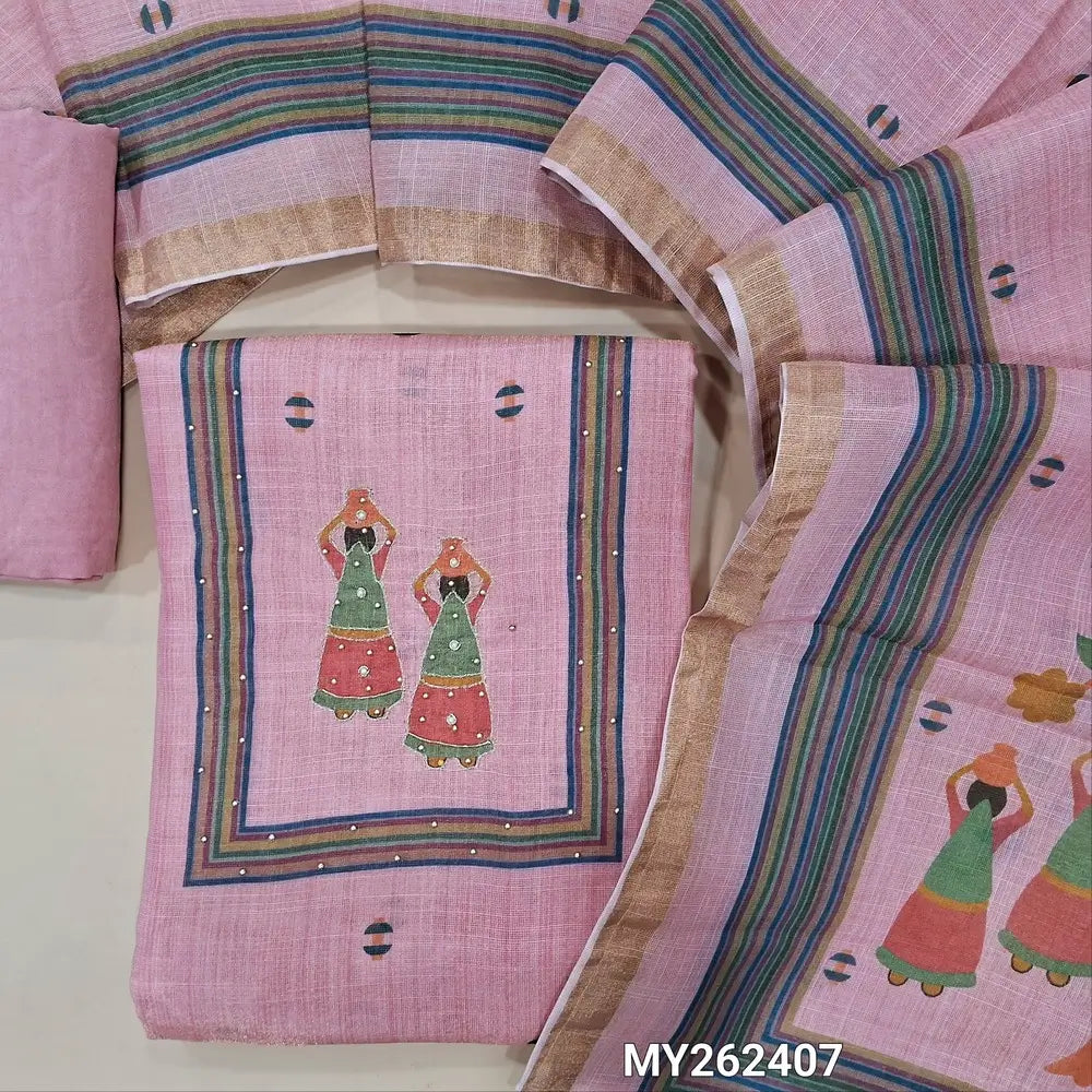 Pastel pink digital printed tissue silk cotton unstitched salwar material (lining needed)peal bead, zari & zardozi work on yoke and daman, soft spun cotton bottom,digital printed tissue silk cotton dupatta. MY262407