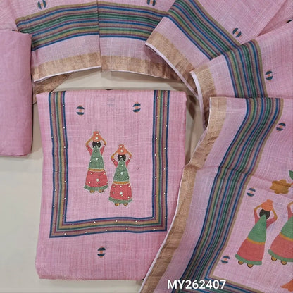 Pastel pink digital printed tissue silk cotton unstitched salwar material (lining needed)peal bead, zari & zardozi work on yoke and daman, soft spun cotton bottom,digital printed tissue silk cotton dupatta. MY262407