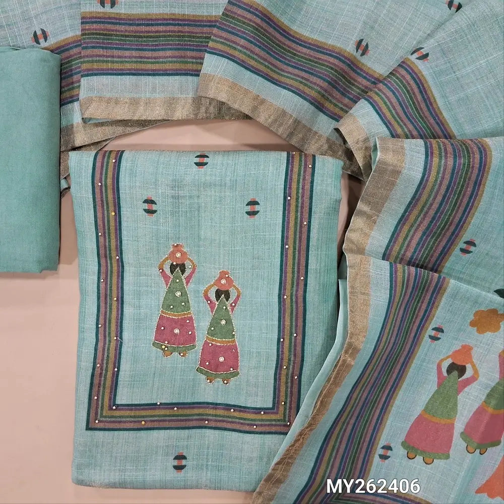 Pastel blue digital printed tissue silk cotton unstitched salwar material (lining needed)peal bead, zari & zardozi work on yoke and daman, soft spun cotton bottom,digital printed tissue silk cotton dupatta. MY262406