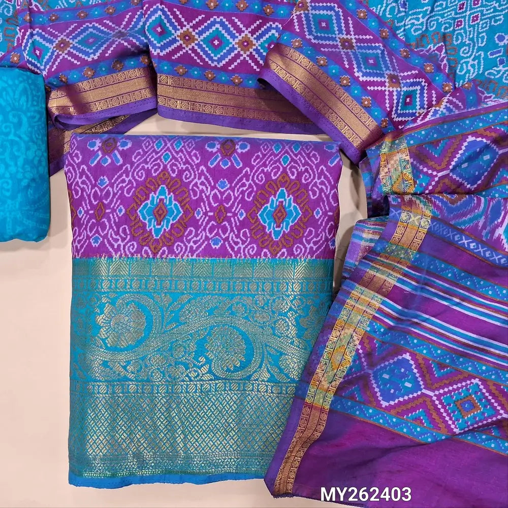 Purple with turquoise blue ikat printed fancy silk cotton unstitched salwar material ( soft,lining needed)zari woven daman borders, printed fancy silk bottom,ikat printed full length fancy silk cotton dupatta. MY262403
