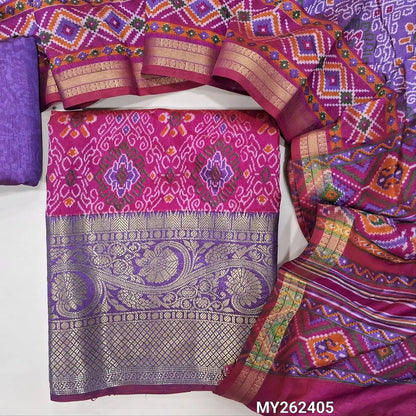 Pink with purple ikat printed fancy silk cotton unstitched salwar material ( soft,lining needed)zari woven daman borders, printed fancy silk bottom,ikat printed full length fancy silk cotton dupatta. MY262405